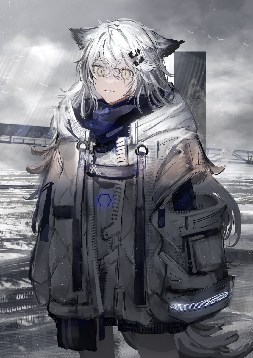 1girl animal_ears arknights bangs blue_scarf coat commentary cowboy_shot crossed_bangs grin highres lappland_(arknights) long_hair looking_at_viewer nanaponi pocket scar scar_across_eye scarf silver_hair slit_pupils smile solo standing tail unzipped white_coat wolf_ears wolf_girl wolf_tail yellow_eyes zipper
