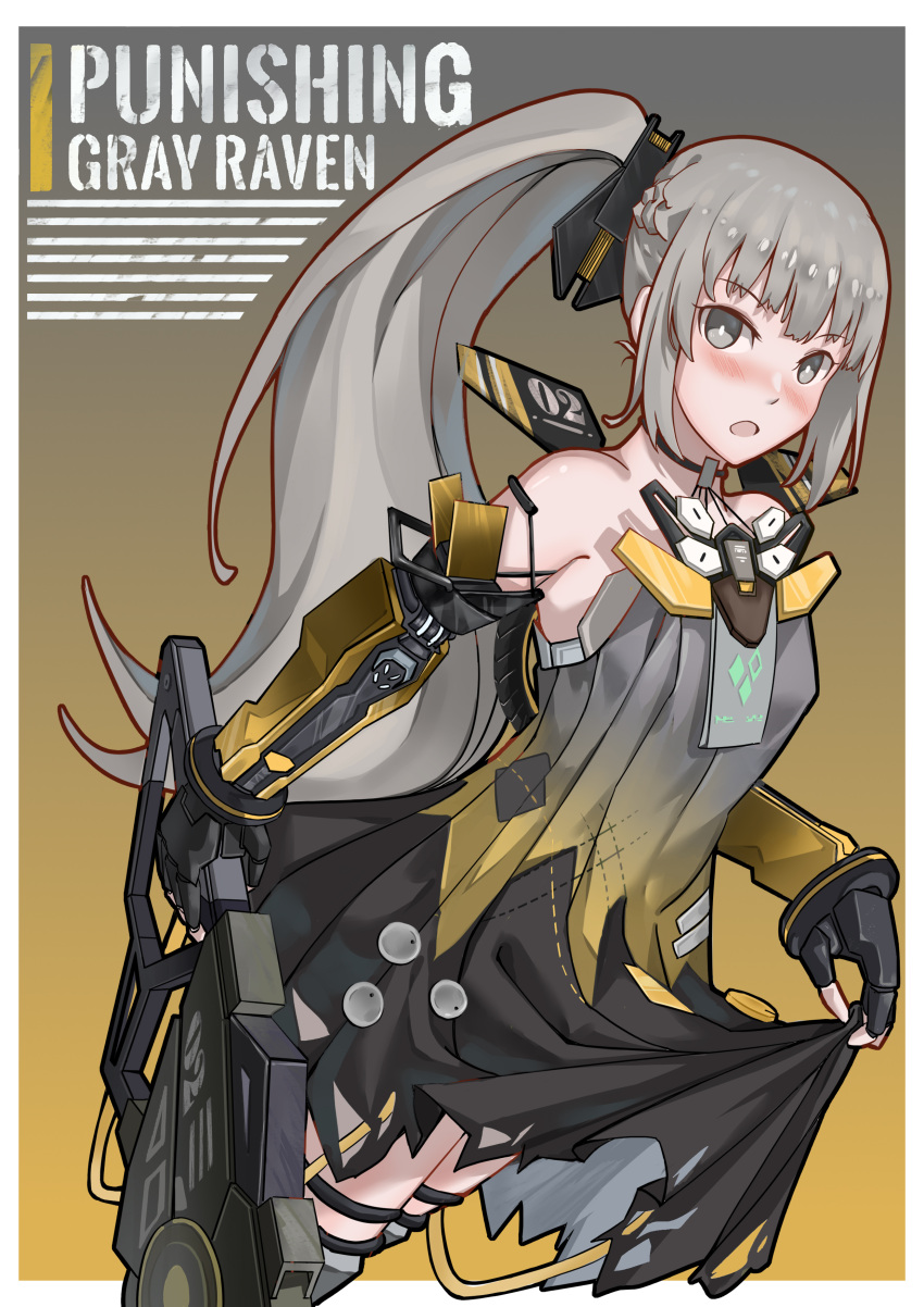 1girl :o absurdres bangs bare_shoulders black_gloves blush boots border chainsaw dress elbow_gloves fingerless_gloves gloves grey_eyes grey_hair hair_ornament highres holding holding_chainsaw holding_clothes holding_dress long_hair looking_at_viewer nanami_(punishing_grey_raven) open_mouth punishing:_gray_raven side_ponytail sleeveless sleeveless_dress solo thigh-highs thigh_boots watchmen-001 yellow_background