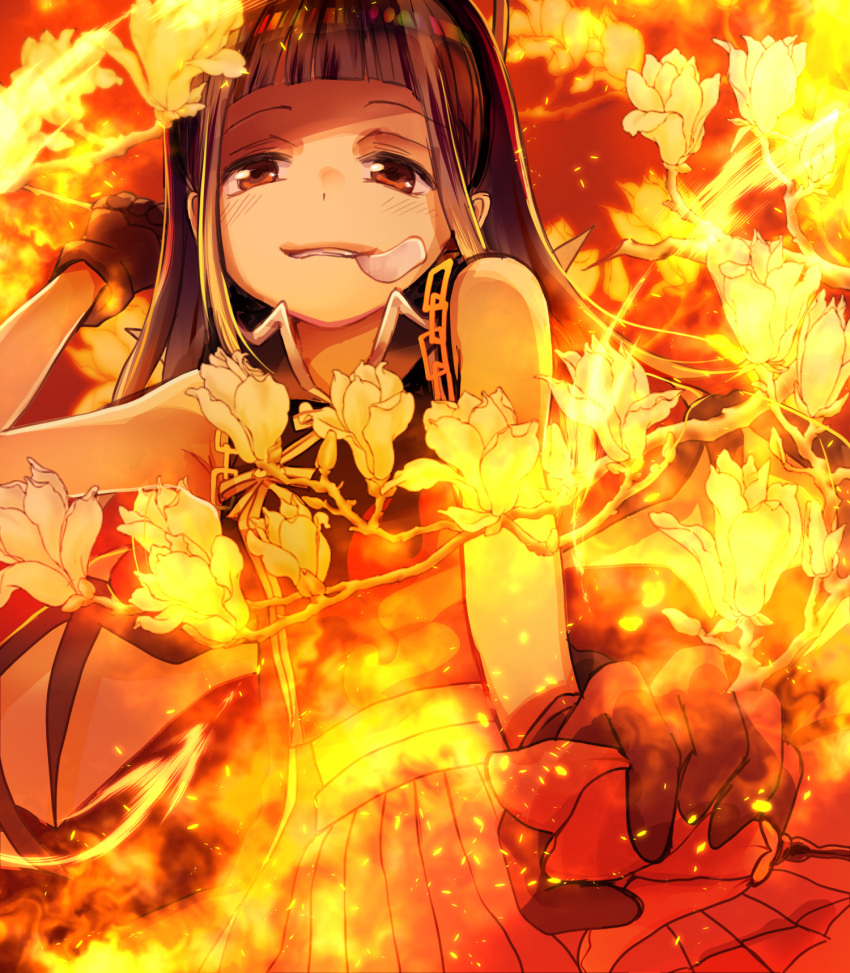 1girl bangs black_hair blunt_bangs burning chain fire flower gloves grin highres magia_record:_mahou_shoujo_madoka_magica_gaiden magical_girl mahou_shoujo_madoka_magica oka_(umanihiki) ouba_juri petals red_eyes smile