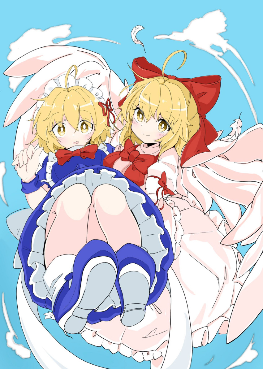 2girls ahoge angel_wings apron bangs blonde_hair blue_dress blue_footwear blue_sky blush bow breasts carrying commentary_request dress eyebrows_visible_through_hair feathered_wings feathers flying frilled_dress frills gengetsu_(touhou) hair_bow highres long_sleeves looking_at_viewer maid maid_apron maid_headdress medium_breasts mugetsu_(touhou) multiple_girls open_mouth pink_dress princess_carry puffy_short_sleeves puffy_sleeves red_bow red_neckwear red_ribbon ribbon short_hair short_sleeves siblings sisters sky smile socks sweatdrop tatutaniyuuto touhou touhou_(pc-98) white_legwear wings wrist_cuffs yellow_eyes