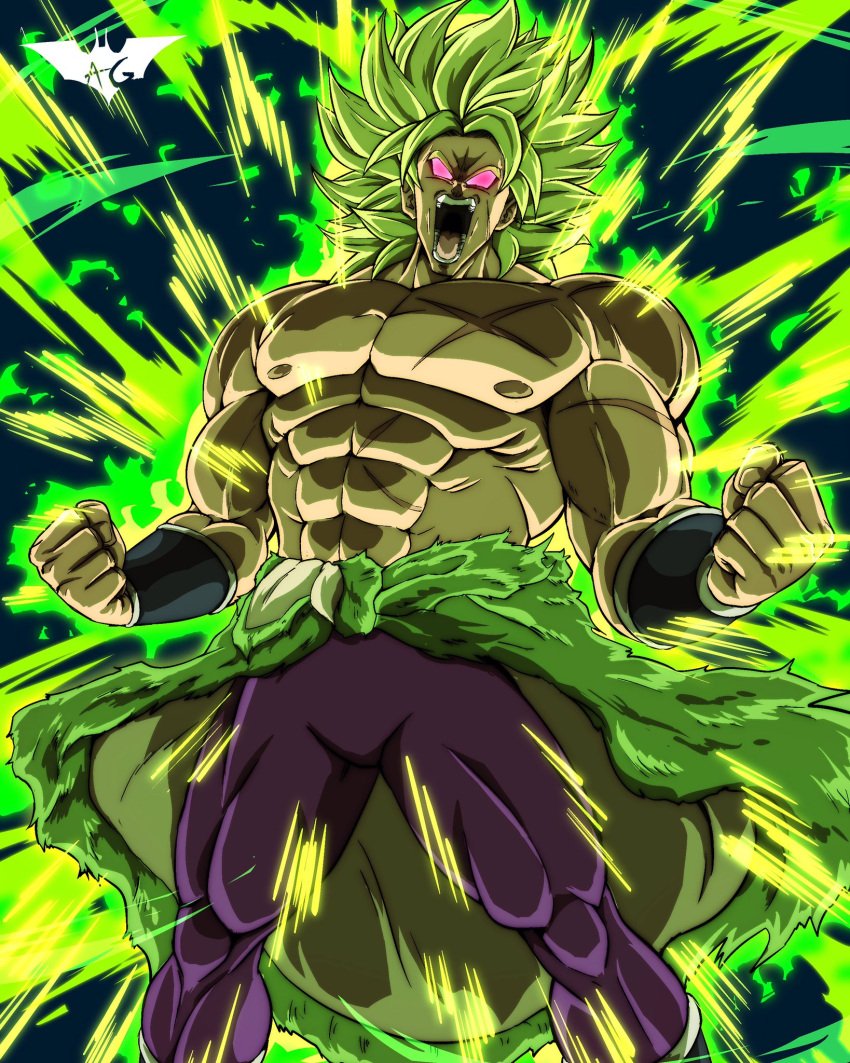 1boy abs angry bare_shoulders batmandrewart broly_(dragon_ball_super) clenched_hand commentary dragon_ball dragon_ball_super dragon_ball_super_broly energy fur_trim green_hair highres long_hair male_focus nipples no_pupils open_mouth pants pectorals pink_eyes scar scar_on_chest shouting solo spiky_hair topless_male