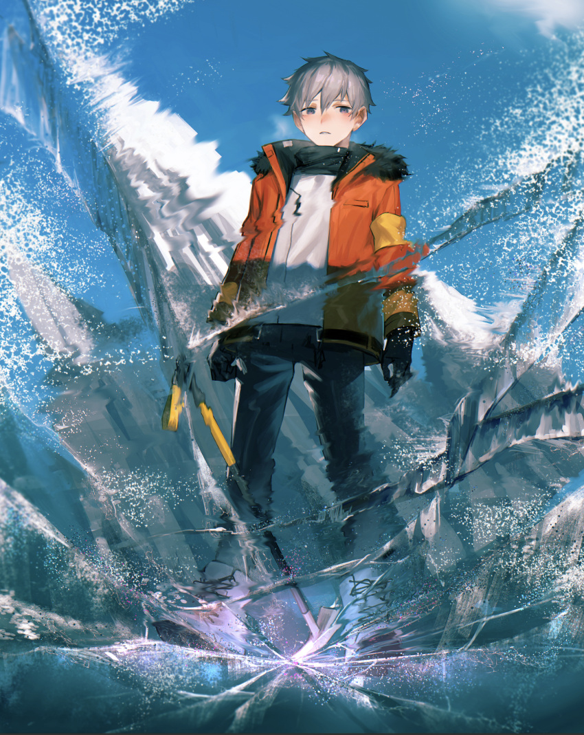 1boy black_gloves black_pants black_scarf blue_eyes blue_footwear blue_sky blush boots commentary crack day english_commentary from_below full_body fur-trimmed_jacket fur_trim gloves grey_hair highres ice ice_pick ishida_(segu_ishida) jacket looking_at_viewer male_focus orange_jacket original outdoors pants parted_lips scarf short_hair sky solo sweater white_sweater winter_clothes