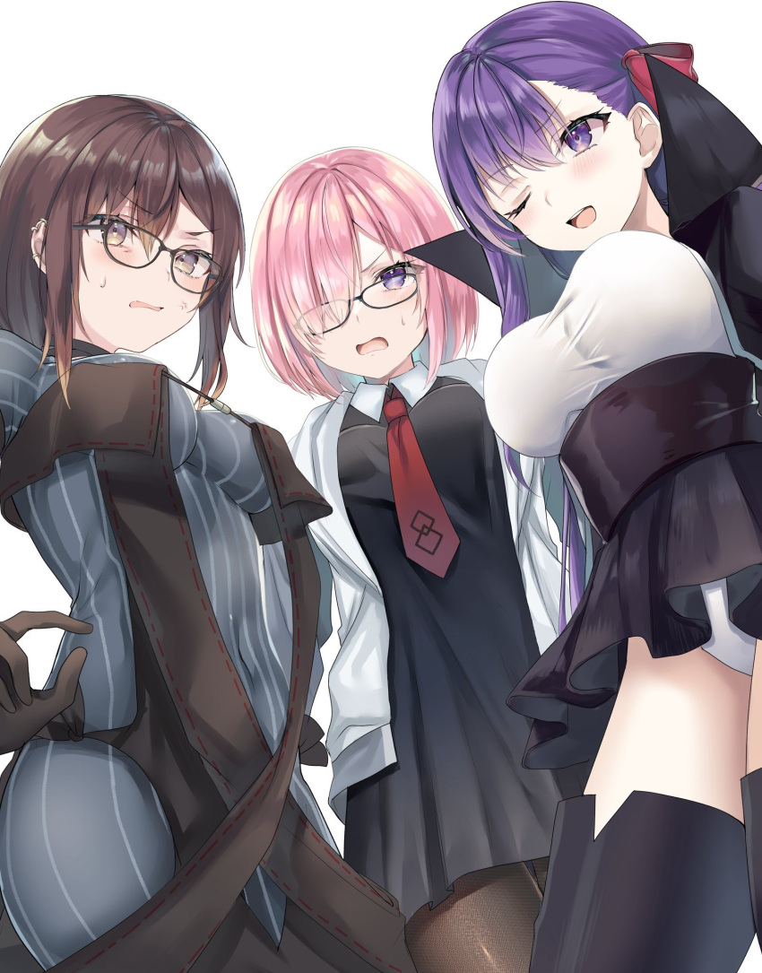 3girls anger_vein bangs bb_(fate) bb_(fate/extra) between_breasts black-framed_eyewear black_dress black_gloves black_jacket black_skirt blue_dress blush breasts brown_eyes brown_hair brown_legwear bust_chart collared_dress commentary dress ear_piercing eyebrows_visible_through_hair fate/grand_order fate_(series) fou_(ssqseeker) glasses gloves hair_between_eyes hair_over_one_eye hair_ribbon highres jacket large_breasts leotard leotard_under_clothes long_hair mash_kyrielight medium_breasts multiple_girls necktie necktie_between_breasts one_eye_closed one_eye_covered open_clothes open_jacket open_mouth pantyhose piercing pink_hair pinstripe_pattern purple_hair red_neckwear red_ribbon ribbon short_hair sidelocks simple_background skirt smile striped striped_dress sweatdrop teeth thigh-highs tongue upper_teeth violet_eyes white_background white_jacket white_leotard yu_mei-ren_(fate)