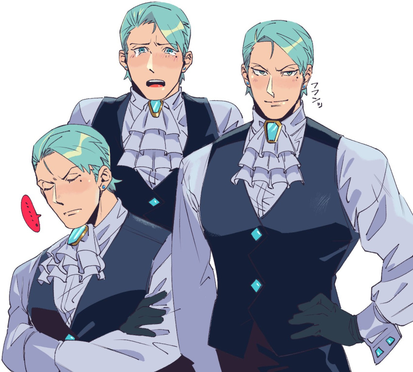 1boy ace_attorney ascot bangs black_vest blush collage commentary_request cropped_torso franziska_von_karma genderswap genderswap_(ftm) green_(grimy) green_hair grey_shirt highres looking_at_viewer male_focus mole mole_under_eye pectorals shirt short_hair sideburns swept_bangs toned toned_male translation_request undershirt vest white_background
