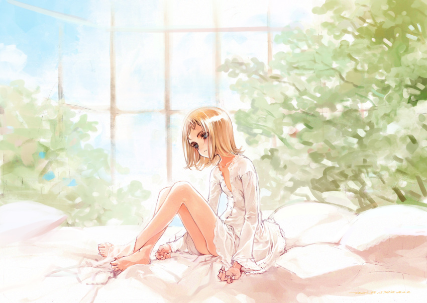 1girl bare_legs barefoot bed_sheet blonde_hair blue_eyes bush crossed_ankles dated dress expressionless flat_chest full_body highres long_sleeves original oyari_ashito parted_lips pillow redrawn short_hair signature solo unbuttoned white_dress window
