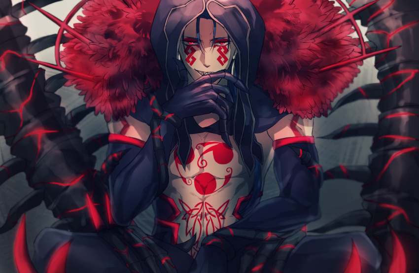 1boy black_gloves black_pants blue_hair bodypaint claws closed_mouth cu_chulainn_(fate) cu_chulainn_alter_(fate/grand_order) dark_blue_hair dark_persona detached_hood earrings elbow_gloves facepaint fate/grand_order fate_(series) gloves grin hand_on_own_chin highres hood hood_up jewelry long_hair looking_at_viewer male_focus monster_boy muscular muscular_male nao_(ri88) navel pants pectorals ponytail red_eyes sharp_teeth sitting skin_tight smile solo spikes tail teeth topless_male