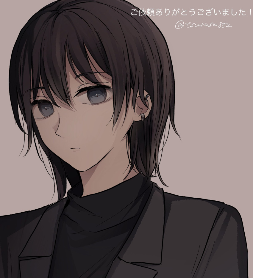 1girl bangs black_jacket black_shirt brown_background brown_hair closed_mouth ear_piercing eyebrows_visible_through_hair grey_eyes hair_between_eyes highres jacket open_clothes open_jacket original piercing shirt simple_background solo translation_request tsuruse twitter_username upper_body