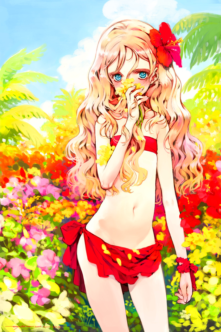 1girl bandeau bare_shoulders bikini blonde_hair blue_eyes blue_sky blush bush charlotte_francia clouds covering_mouth cowboy_shot dated flat_chest flower hair_flower hair_ornament highres holding holding_flower long_hair looking_at_viewer navel outdoors oyari_ashito petals quartett! red_bikini redrawn signature sky solo swimsuit wavy_hair