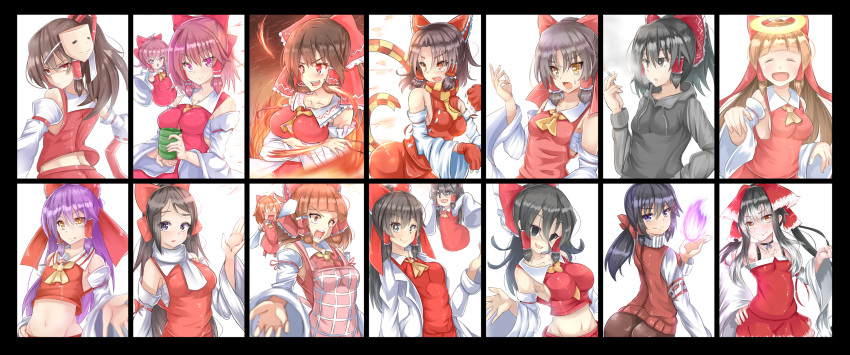 1boy 6+girls 833_(cookie) apron ascot bangs benikurage_(cookie) between_breasts black_eyes black_hair black_hoodie blank_eyes blunt_bangs blush bow breasts bright_pupils brown_eyes brown_hair brown_skirt cigarette cili_(cookie) claws closed_eyes closed_mouth coat commentary_request cookie_(touhou) cowboy_shot cup detached_sleeves dress empty_eyes everyone eyebrows_visible_through_hair fire frilled_bow frilled_hair_tubes frilled_shirt_collar frills full_body gradient_hair grater grin hair_between_eyes hair_bow hair_tubes hakurei_reimu halo hand_in_pocket hand_on_hip highres holding holding_cup hood hoodie hotaruda_(cookie) hyper_muteki_(artist) kanna_(cookie) labcoat large_breasts long_hair looking_at_viewer maru_(cookie) mask mask_on_head matekora_(cookie) medium_breasts medium_hair midriff minigirl mugi_(cookie) multicolored_hair multiple_girls navel necktie necktie_between_breasts noel_(cookie) open_mouth orange_scarf otoko_no_ko parted_bangs pink_apron ponytail purple_hair red_bow red_dress red_eyes red_mittens red_shirt red_skirt red_sweater_vest reu_(cookie) revision ribbon-trimmed_sleeves ribbon_trim rurima_(cookie) sakenomi_(cookie) sananana_(cookie) sarashi scarf shinonome_(cookie) shiromiya_rei shirt short_hair sidelocks skirt skirt_set sleeve_bow sleeveless sleeveless_shirt sleeves_past_fingers sleeves_past_wrists small_breasts smile smoking striped striped_scarf sweater_vest swept_bangs touhou upper_body very_long_hair white_coat white_hair white_pupils white_scarf white_sleeves yamasaka_aimi yellow_ascot yellow_necktie yellow_scarf yunomi yuyusu_(cookie)