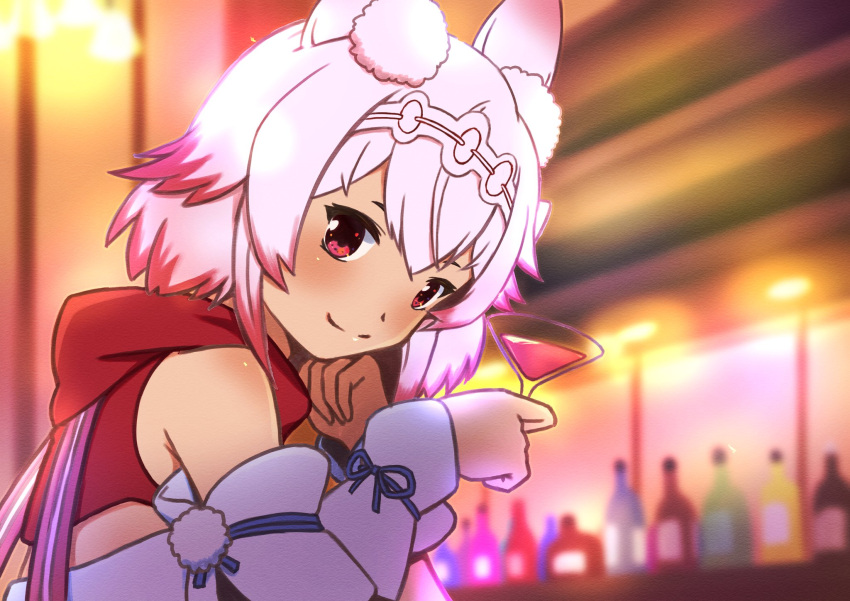 1girl animal_ear_fluff animal_ears bangs bare_shoulders blush cup detached_sleeves diadem eyes_visible_through_hair hair_between_eyes hair_ornament hairband highres kanata_(mugi_a) looking_at_viewer multicolored_clothes multicolored_hair pink_hair rabbit_ears rabbit_girl red_eyes short_sleeves solo sumeragi_pal two-tone_hair virtual_youtuber wactor_production wrist_cuffs