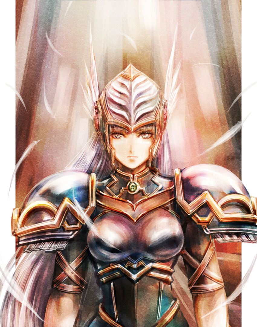 armor blue_armor blue_eyes feathers gold_trim helmet highres lenneth_valkyrie looking_at_viewer portrait shoulder_armor silver_hair solo_focus sushi_(sashimise) valkyrie valkyrie_profile winged_helmet