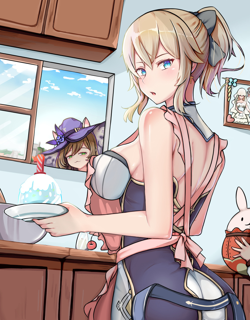 2girls :3 absurdres apron ass back bangs bare_shoulders blonde_hair blue_eyes blue_sky bow breasts brown_hair cake flower food genshin_impact green_eyes hair_bow hat hat_belt hat_flower high_ponytail highres holding holding_plate jean_(genshin_impact) kitchen large_breasts lisa_(genshin_impact) looking_at_another multiple_girls open_mouth pants pink_apron plate potato_h purple_flower purple_headwear purple_rose rose sideboob sidelocks sky tight tight_pants white_pants window witch witch_hat