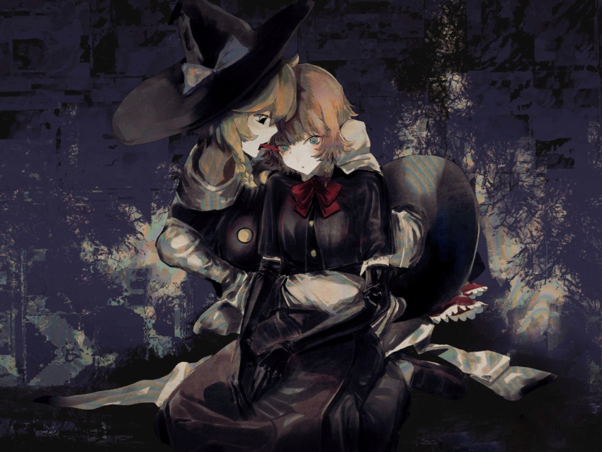abstract_background arm_around_waist bangs black_capelet black_eyes black_footwear black_gloves black_headwear black_skirt black_vest blue_background blue_eyes bow bowtie braid capelet chinese_commentary closed_mouth commentary_request cookie_(touhou) elbow_gloves expressionless full_body gloves hat hat_bow hat_removed headwear_removed highres kirisame_marisa licking licking_eye looking_at_another looking_at_viewer meguru_(cookie) on_(_l0_) open_mouth red_bow red_bowtie shirt shoes short_hair side_braid single_braid skirt sleeves_past_fingers sleeves_past_wrists socks touhou vest white_bow white_legwear white_shirt witch_hat yuri yuuhi_(cookie)