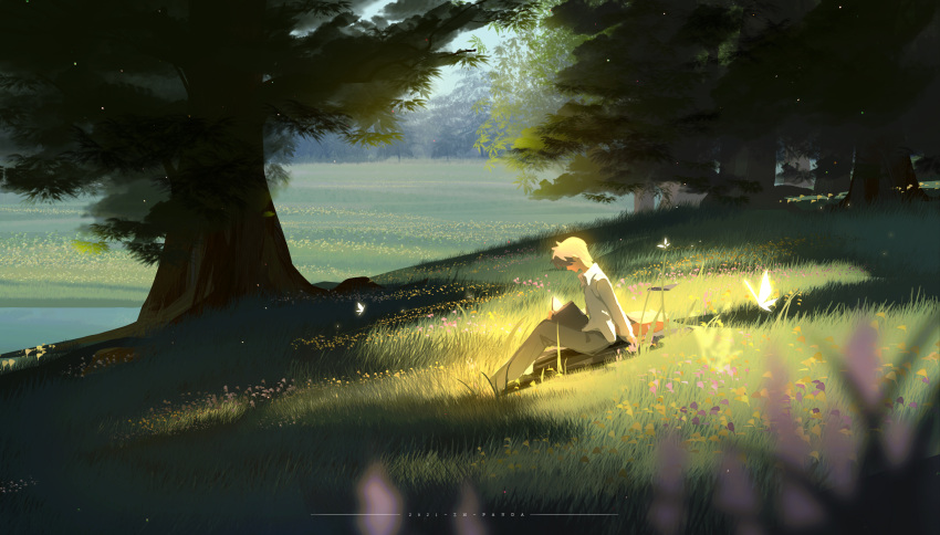 1boy artist_name black_pants book brown_hair bug butterfly dated dress_shirt english_commentary flower grass highres landscape nature original pants pink_flower reading reflection reflective_water river scenery shirt sitting solo tree white_shirt yellow_butterfly yellow_flower zm-panda-