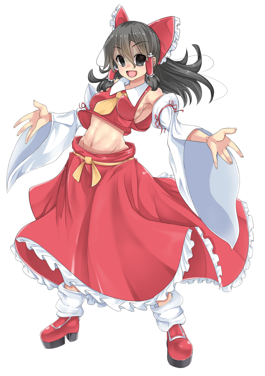 1girl :d bangs black_eyes black_hair bow breasts commentary_request cookie_(touhou) crop_top detached_sleeves empty_eyes eyebrows_visible_through_hair frilled_bow frilled_hair_tubes frilled_skirt frills full_body hair_between_eyes hair_bow hair_tubes hakurei_reimu highres hyper_muteki_(artist) long_hair long_skirt looking_at_viewer medium_breasts midriff navel necktie noel_(cookie) open_mouth outstretched_arms platform_footwear red_bow red_footwear red_shirt red_skirt shirt shoes sideboob simple_background skirt sleeveless sleeveless_shirt smile socks solo standing touhou transparent_background white_legwear white_sleeves yellow_necktie