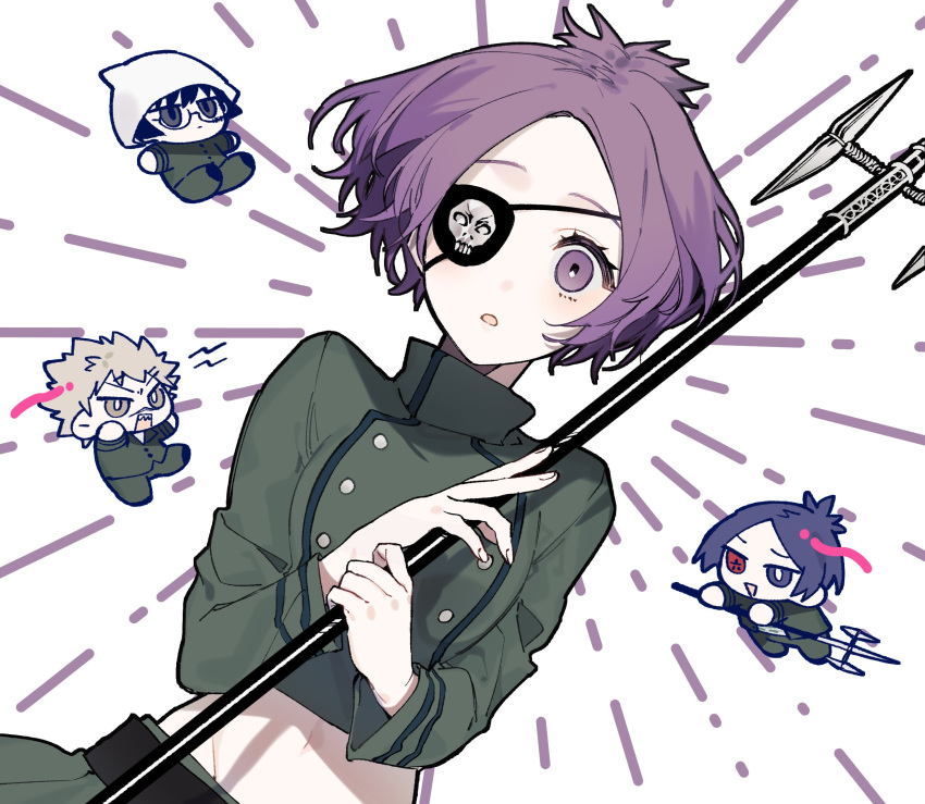 1girl 3boys beanie black_eyes buttons character_request check_character chrome_dokuro cropped_jacket double-breasted dutch_angle eyepatch glasses green_jacket green_pants green_skirt grey_eyes hat heterochromia highres holding holding_polearm holding_weapon jacket katekyo_hitman_reborn light_brown_hair long_sleeves looking_at_viewer midriff multiple_boys naomato navel one_eye_covered pants parted_lips polearm purple_hair rokudou_mukuro short_hair simple_background skirt symbol-only_commentary violet_eyes weapon white_background white_headwear