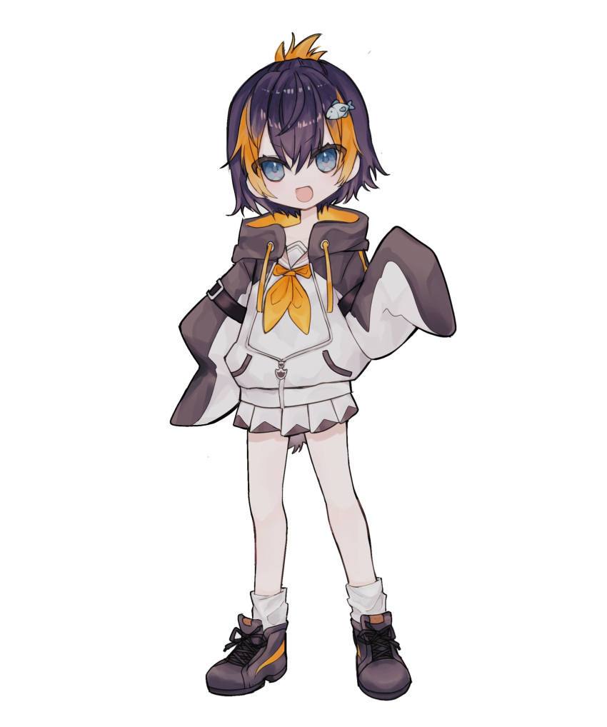 black_hair black_hoodie blue_eyes brown_footwear chibi fish_hair_ornament hair_ornament highres hood hoodie multicolored_hair nijisanji nijisanji_en orange_hair petra_gurin sailor_collar short_hair skirt sleeves_past_fingers sleeves_past_wrists streaked_hair tail takochan_(tk57_njsj) two-tone_hoodie virtual_youtuber white_background white_hoodie white_skirt