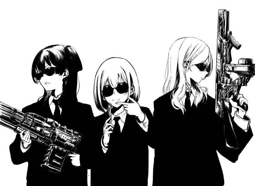 3girls formal greyscale gun highres humanplushq idolmaster idolmaster_shiny_colors izumi_mei long_sleeves looking_at_viewer looking_away mayuzumi_fuyuko men_in_black monochrome multiple_girls necktie neuralyzer parody pointing rifle serizawa_asahi smile straylight_(idolmaster) suit sunglasses upper_body weapon