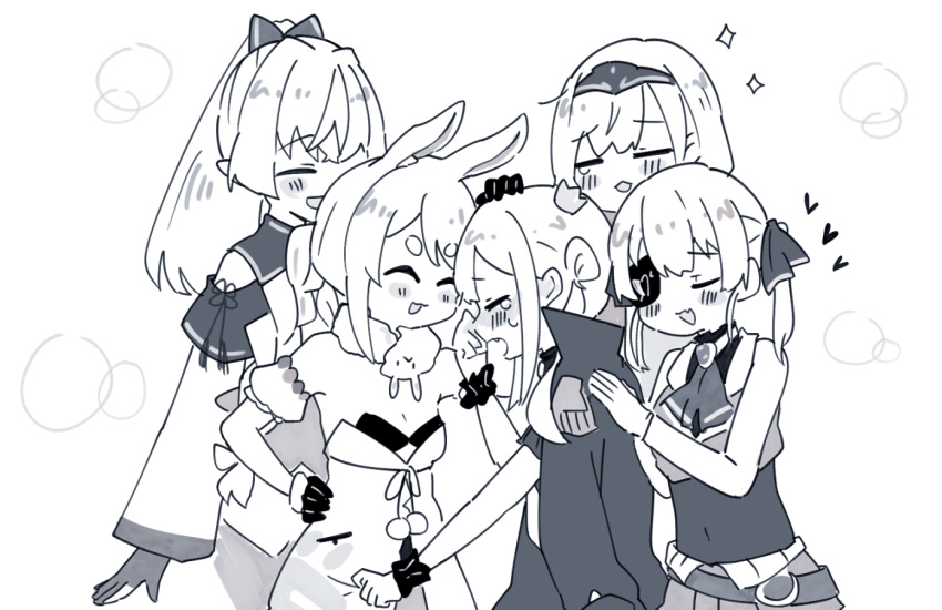 5girls animal_ears closed_eyes covered_navel crown crying don-chan_(usada_pekora) eyebrows_visible_through_hair eyepatch gloves greyscale hand_on_hip heads_together heart hololive hololive_fantasy houshou_marine jacket jacket_on_shoulders mini_crown monochrome multiple_girls pointy_ears ponytail rabbit_ears rabbit_girl sakana_(saka11205) shiranui_flare shirogane_noel smile sparkle tail tears thick_eyebrows tilted_headwear twin uruha_rushia usada_pekora virtual_youtuber wrist_cuffs