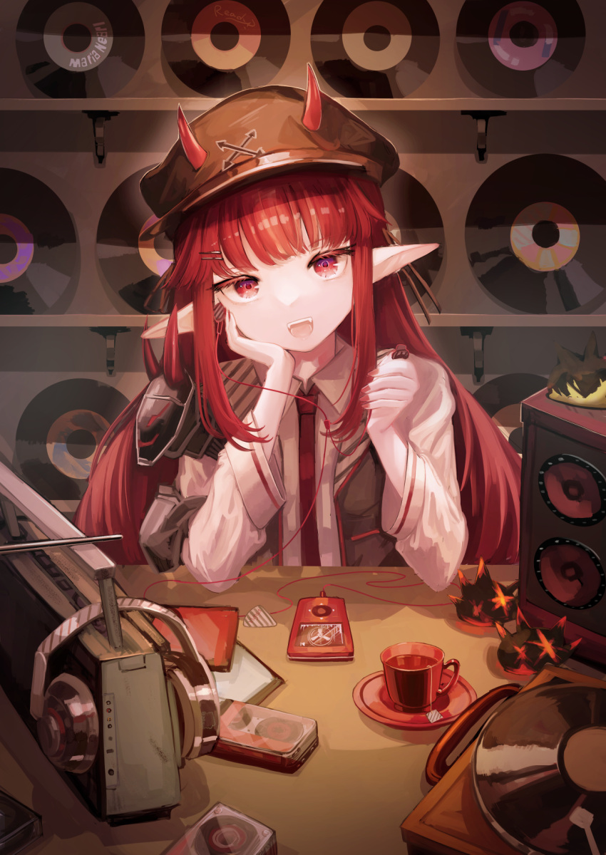 1girl arknights bangs black_headwear boombox cassette_tape character_name collared_shirt commentary_request cup digital_media_player earphones earphones eyelashes fangs hair_ornament hairclip hat headphones hemorina highres horns horns_through_headwear ipod long_hair long_sleeves looking_at_viewer necktie open_mouth originium_slug_(arknights) plectrum pointy record red_eyes red_nails red_neckwear redhead saucer shelf shirt speaker table teacup teeth upper_body vigna_(arknights) white_shirt