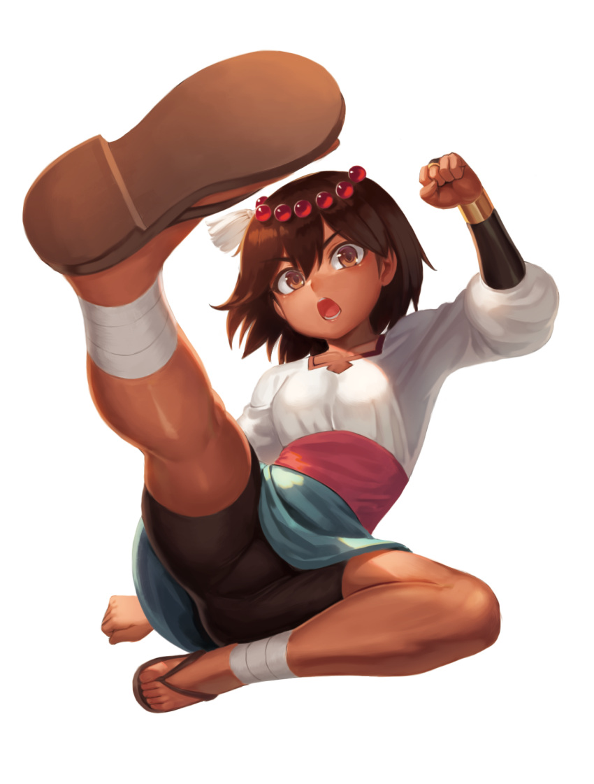 1girl ajna_(indivisible) ankle_wrap beads bike_shorts bracelet breasts brown_hair dark-skinned_female dark_skin hair_ornament highres indivisible jewelry long_hair looking_at_viewer open_mouth ranma_(kamenrideroz) sandals short_hair simple_background solo white_background
