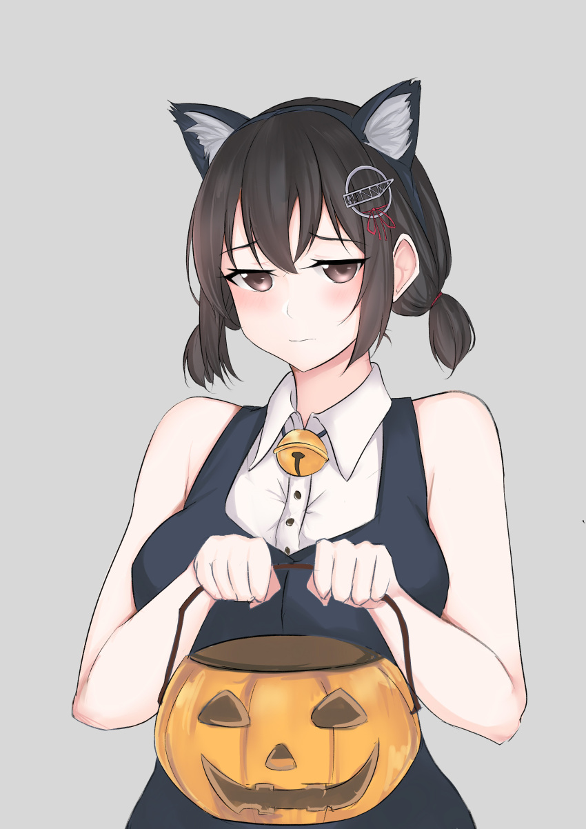 1girl absurdres alternate_costume alternate_hairstyle animal_ears breasts haguro_(kancolle) halloween highres jack-o'-lantern jiangyou_dang kantai_collection low_twintails medium_breasts medium_hair shirt short_twintails sleeveless sleeveless_shirt solo twintails upper_body