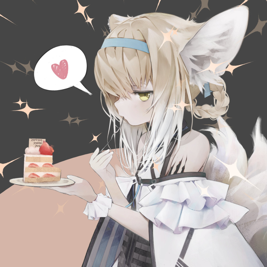 1girl absurdres animal_ears arknights bare_shoulders blonde_hair blue_hairband braid cake cake_slice dress eating food fork fox_ears fox_girl fox_tail from_side fruit green_eyes hairband hands_up heart highres holding holding_fork holding_plate kitsune multicolored_hair multiple_tails oripathy_lesion_(arknights) plate short_hair_with_long_locks sideways_glance single_wrist_cuff solo speech_bubble spoken_heart strawberry strawberry_shortcake streaked_hair suzuran_(arknights) tactical_clothes tail tou_toutou upper_body utensil_in_mouth white_dress white_hair white_wrist_cuffs wrist_cuffs