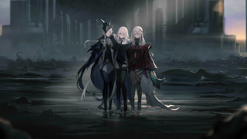 3girls aqua_headwear arknights ascot bangs bare_shoulders black_ascot black_dress black_gloves black_headwear breasts carrying carrying_under_arm clothing_cutout coat detached_sleeves dress full_body game_cg gladiia_(arknights) gloves hair_between_eyes hair_over_one_eye half-closed_eyes hat holding holding_clothes holding_hat jewelry long_hair long_sleeves looking_at_viewer looking_away multiple_girls navel_cutout necklace official_alternate_costume official_art red_dress red_eyes ruins silver_hair skadi_(arknights) skadi_the_corrupting_heart_(arknights) skeleton smile specter_(arknights) standing thigh-highs third-party_source very_long_hair wading water white_ascot
