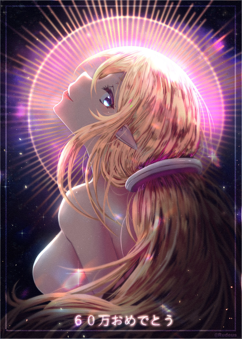 1girl absurdres aki_rosenthal armpit_crease bangs blonde_hair blue_eyes breasts facing_up highres hololive large_breasts light light_rays lips lipstick long_hair looking_at_viewer looking_to_the_side makeup nude parted_lips pointy_ears sharnak straight_hair