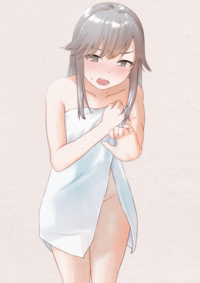 1girl alternate_hairstyle brown_eyes cowboy_shot grey_background grey_hair hair_down highres kantai_collection leaning_forward long_hair looking_at_viewer naked_towel open_mouth sakieko simple_background solo standing towel usugumo_(kancolle)