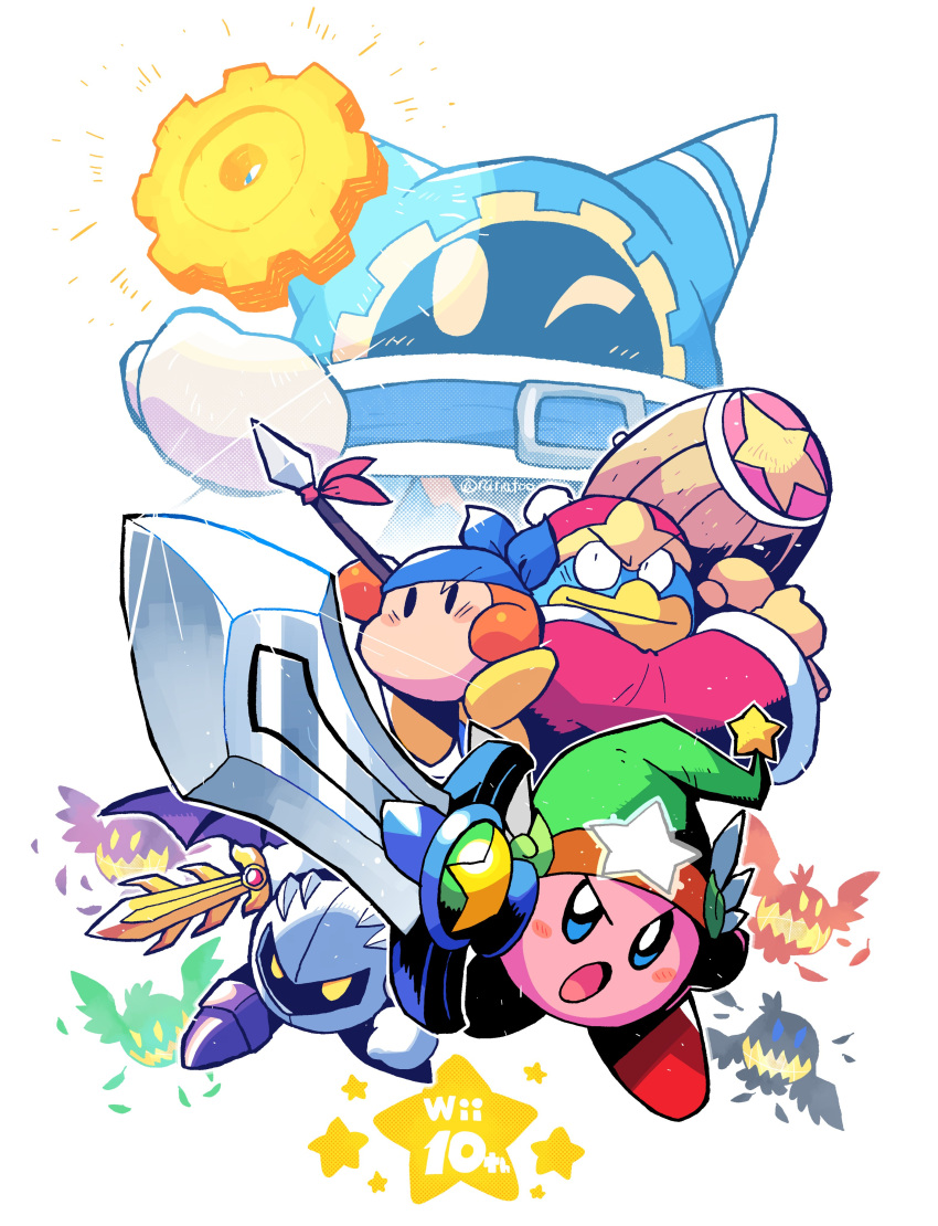 absurdres bandana_waddle_dee blue_eyes coat doomer_(kirby) furrowed_brow galaxia_(sword) gears green_headwear hammer highres king_dedede kirby kirby's_return_to_dream_land kirby_(series) magolor mask meta_knight one_eye_closed open_mouth polearm rariatto_(ganguri) red_coat red_headwear spear star_(symbol) sword weapon yellow_eyes