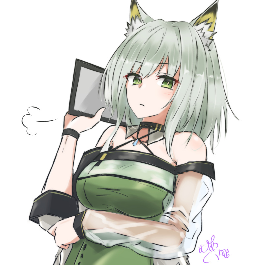 1girl animal_ear_fluff animal_ears arknights bangs bare_shoulders cat_ears clipboard closed_mouth commentary_request detached_collar dress eyebrows_visible_through_hair green_dress green_eyes green_hair hand_up highres holding holding_clipboard kal'tsit_(arknights) maiq06 off-shoulder_dress off_shoulder oripathy_lesion_(arknights) see-through_sleeves short_hair_with_long_locks solo upper_body white_background