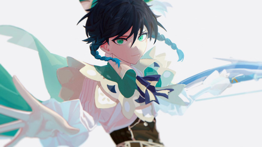 1boy androgynous bangs beret black_hair blue_hair bow braid closed_mouth collared_cape commentary corset dubian_muxia english_commentary flower frilled_sleeves frills genshin_impact gradient_hair green_eyes green_headwear hat highres long_sleeves looking_at_viewer male_focus multicolored_hair shirt short_hair_with_long_locks sidelocks simple_background smile solo twin_braids venti_(genshin_impact) white_background white_flower white_shirt