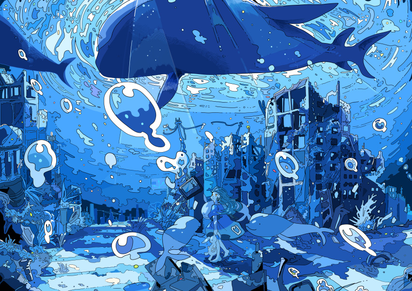 1girl absurdres bubble building city highres nara_lalana original road ruins scenery street stuffed_toy surreal underwater water whale whale_shark