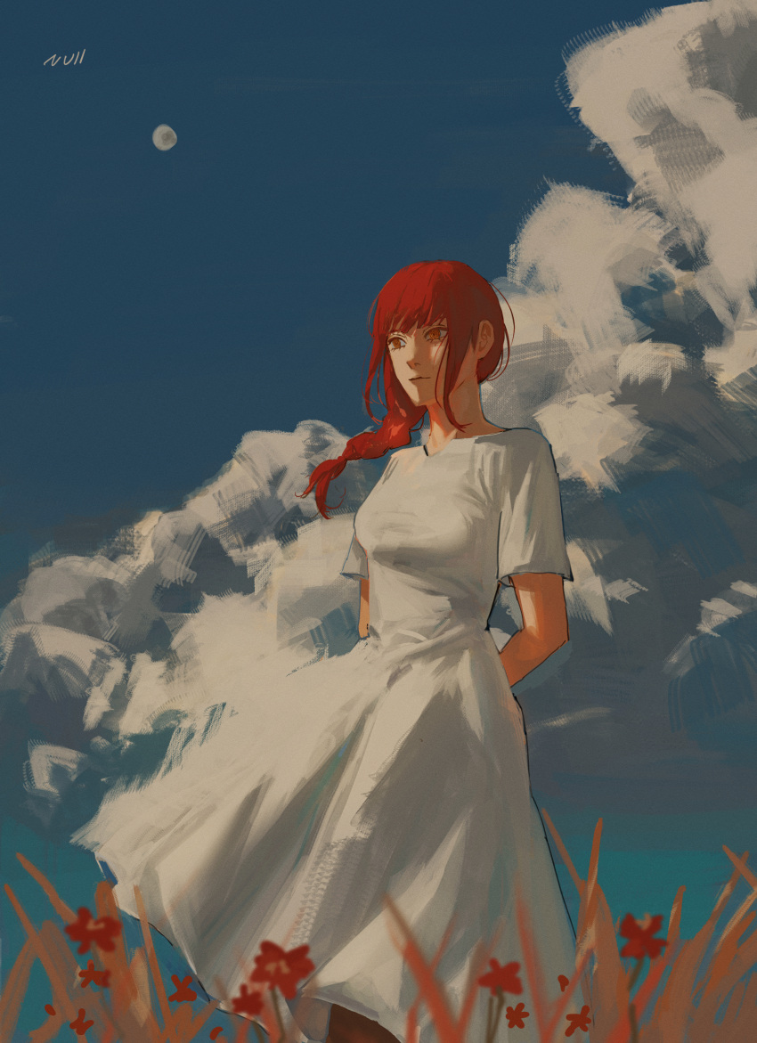 1girl absurdres arms_behind_back blue_sky braid braided_ponytail breasts chainsaw_man closed_mouth clouds cloudy_sky dress grass highres long_hair makima_(chainsaw_man) medium_breasts moon null_(skev7724) outdoors redhead ringed_eyes short_sleeves sidelocks sky solo white_dress yellow_eyes