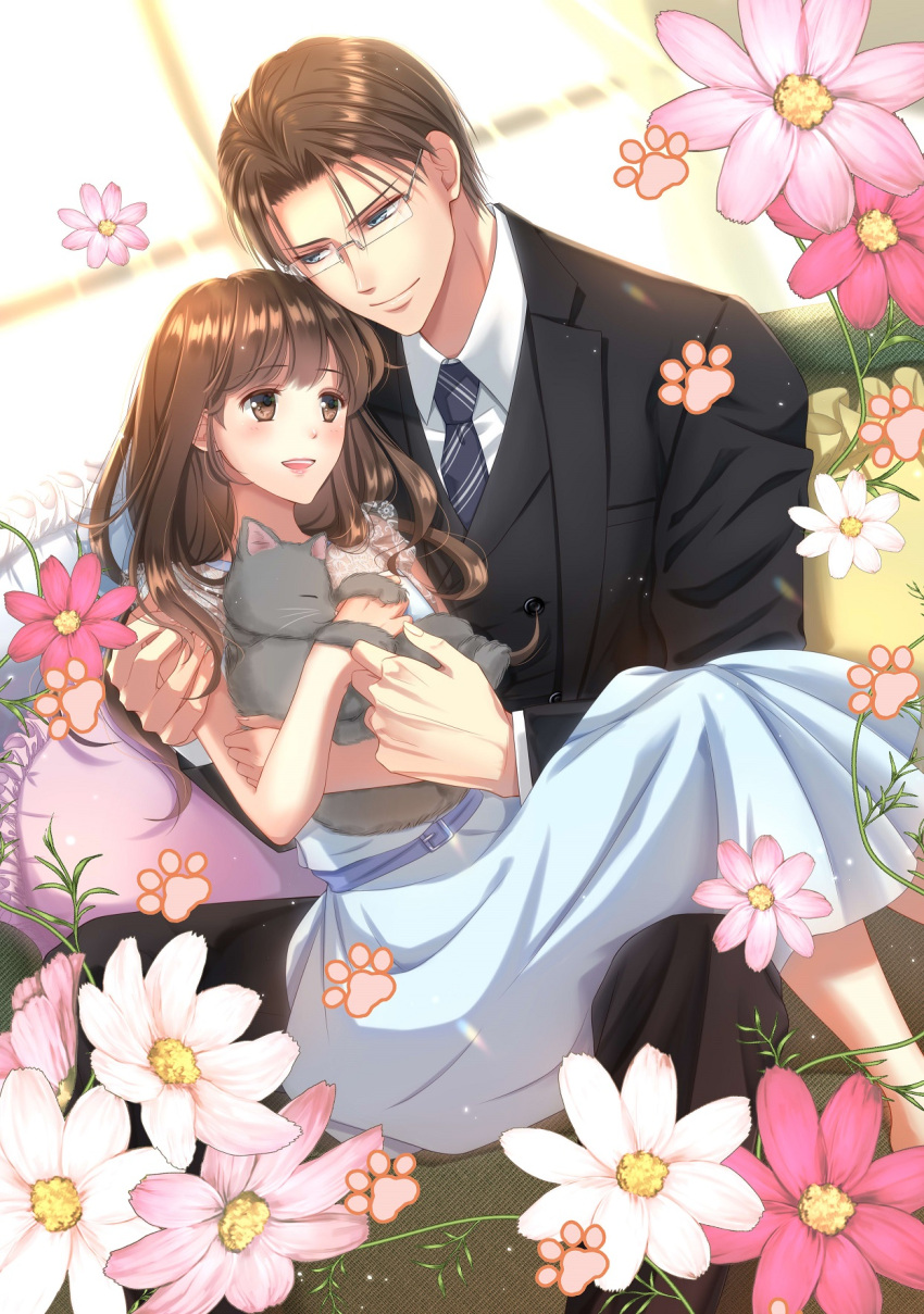 1boy 1girl animal black_suit blush brown_eyes brown_hair cat couple cover cover_page dress feet_out_of_frame flower formal hetero highres holding holding_animal holding_cat hug izumi_(stardustalone) long_hair necktie novel_cover official_art on_lap sitting smile suit