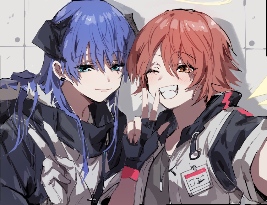 2girls :d arknights black_gloves blue_eyes blue_hair blush clenched_teeth commentary_request cross cross_necklace demon_horns detached_wings earclip energy_wings exusiai_(arknights) eyebrows_visible_through_hair fingerless_gloves fur-trimmed_hood fur_trim gloves grey_shirt grin hair_between_eyes halo highres hood hood_down horns id_card jacket jewelry long_hair looking_at_viewer mostima_(arknights) multiple_girls na_tarapisu153 necklace open_clothes open_jacket orange_eyes redhead selfie shadow shirt smile teeth upper_body w white_gloves white_jacket wings