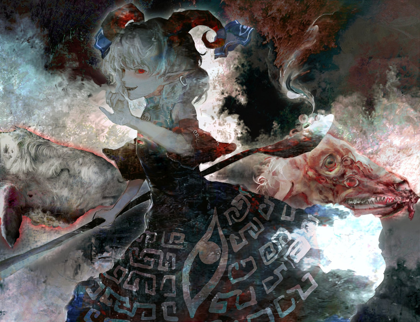 1girl blue_ribbon earrings grin highres horizontal_pupils horn_ornament horn_ribbon horns jewelry looking_at_viewer looking_to_the_side oversized_object pointy_ears red_eyes red_sleeves ribbon sharp_teeth short_hair silver_hair smile solo surreal teeth touhou toutetsu_yuuma xbsx