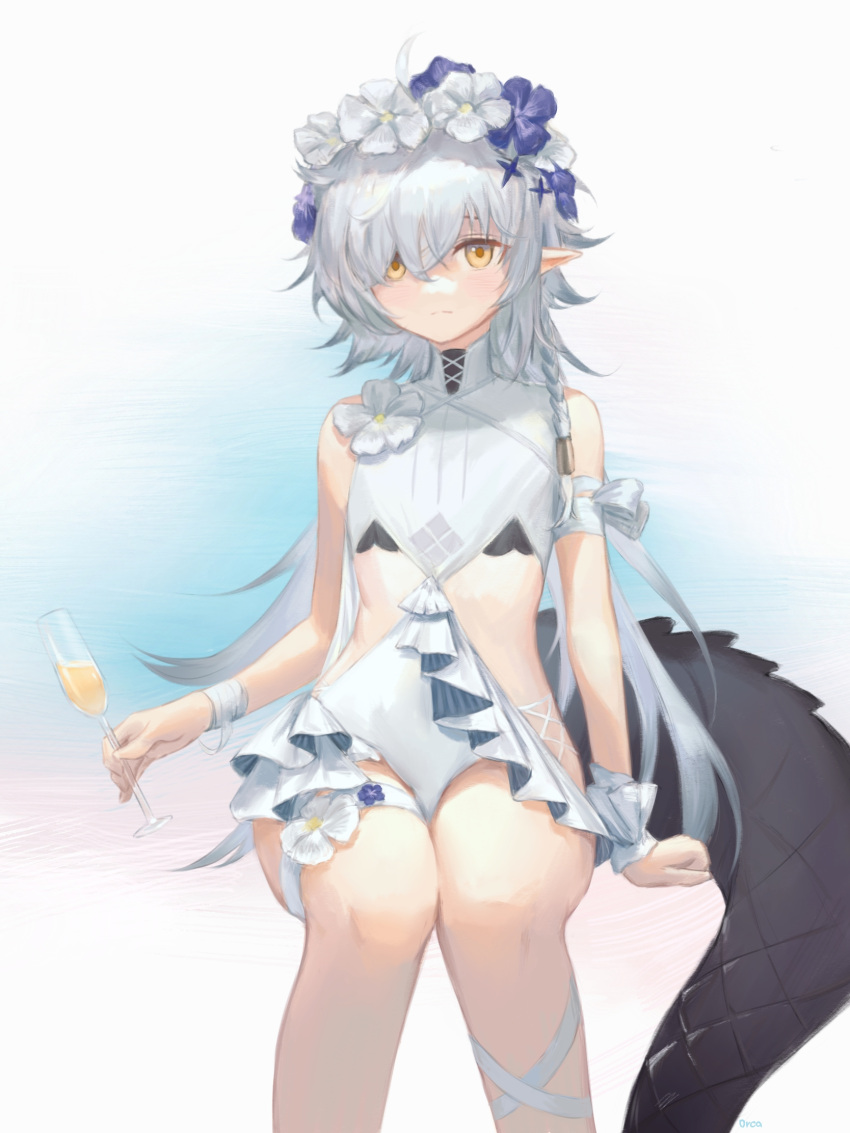 1girl ahoge arknights arm_support armband blue_flower blush champagne_flute commentary crocodilian_tail cup drinking_glass feet_out_of_frame flower hair_between_eyes head_wreath highres holding holding_cup looking_at_viewer official_alternate_costume one-piece_swimsuit orca_(dragooon-yike) pointy_ears short_hair sitting straight-on swimsuit tomimi_(arknights) tomimi_(silent_night)_(arknights) waist_cutout white_background white_flower white_swimsuit yellow_eyes