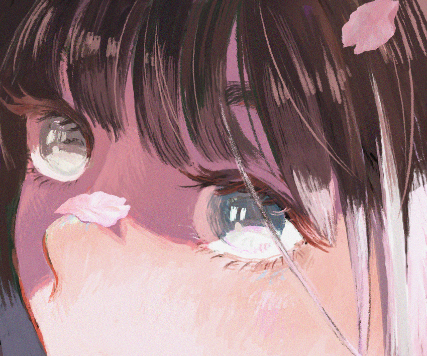 1girl bangs black_hair cherry_blossoms close-up grey_eyes hanio3 highres mouth_out_of_frame original petals portrait shadow solo