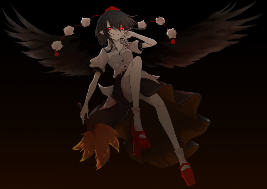 1girl aizettonagi belt bird_wings black_background black_hair black_ribbon black_skirt black_wings breasts bright_pupils buttons collared_shirt commentary_request dark_persona geta glowing glowing_eyes hand_fan hand_on_own_cheek hand_on_own_face hand_up hat hauchiwa highres holding holding_fan leg_up looking_at_viewer pale_skin pointy_ears pom_pom_(clothes) puffy_short_sleeves puffy_sleeves raised_eyebrow red_eyes red_footwear ribbon shameimaru_aya shirt short_hair short_sleeves simple_background skirt slit_pupils small_breasts smirk solo spread_wings tassel tengu-geta tokin_hat touhou undone_neckwear upskirt white_legwear white_pupils white_shirt wings