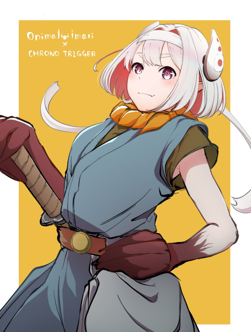1girl belt breasts character_request chrono_trigger closed_mouth cosplay crono_(chrono_trigger) headband highres looking_at_viewer pointy_ears sankon_(choko-noki) short_hair smile solo sword virtual_youtuber weapon white_hair