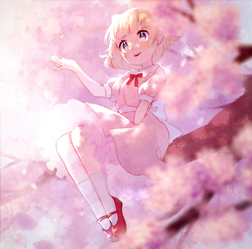 1girl bangs blonde_hair branch cherry_blossoms dress mother_(game) mother_2 paula_(mother_2) pink_dress ribbon shifumame shoes short_sleeves sitting_on_branch smile white_legwear