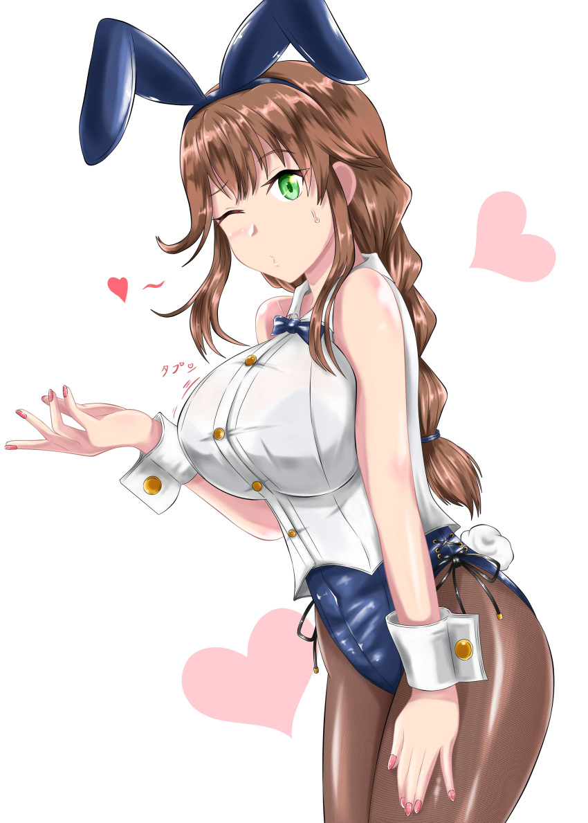 1girl absurdres animal_ears blue_leotard blush bow bowtie braid breasts brown_hair brown_legwear cowboy_shot detached_collar eyebrows_visible_through_hair fake_animal_ears fake_tail green_eyes hair_between_eyes heart highres kantai_collection large_breasts leotard leotard_under_clothes looking_at_viewer nipa_(graf_xsr900) noshiro_(kancolle) one_eye_closed pantyhose playboy_bunny rabbit_ears rabbit_tail shirt sleeveless sleeveless_shirt solo sweatdrop tail twin_braids white_background white_shirt wrist_cuffs