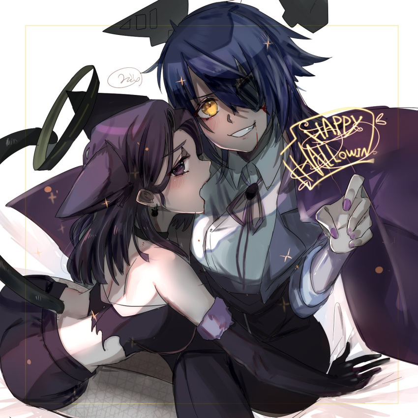 2girls animal_ears black_gloves black_pants blush collared_shirt elbow_gloves eyepatch gloves grin happy_halloween headgear highres kantai_collection long_sleeves looking_at_viewer mechanical_halo mizoredama1 multiple_girls open_mouth pants purple_hair shirt short_hair signature smile tail tatsuta_(kancolle) tenryuu_(kancolle) violet_eyes white_background white_shirt yellow_eyes