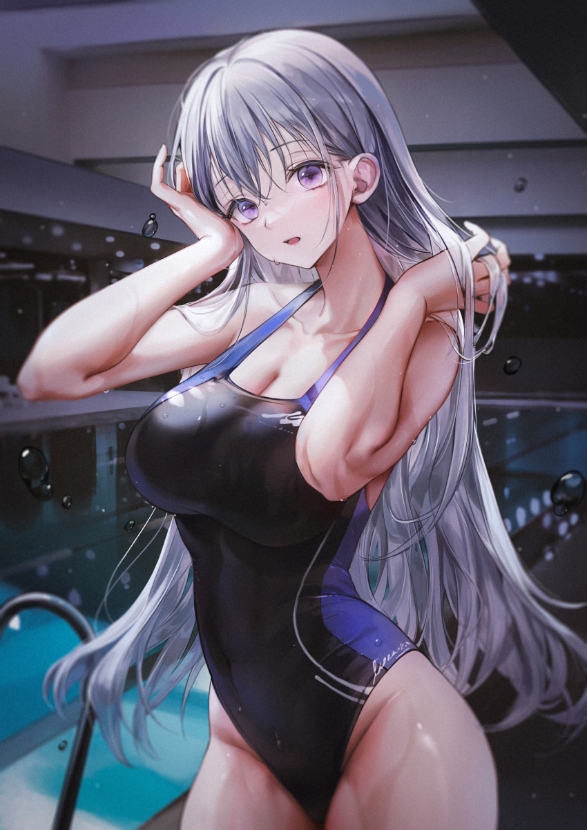 1girl adjusting_hair bangs bare_hips bare_shoulders breasts competition_swimsuit highres indoors large_breasts looking_at_viewer minncn one-piece_swimsuit original pool poolside smile solo swimsuit thighs violet_eyes white_hair