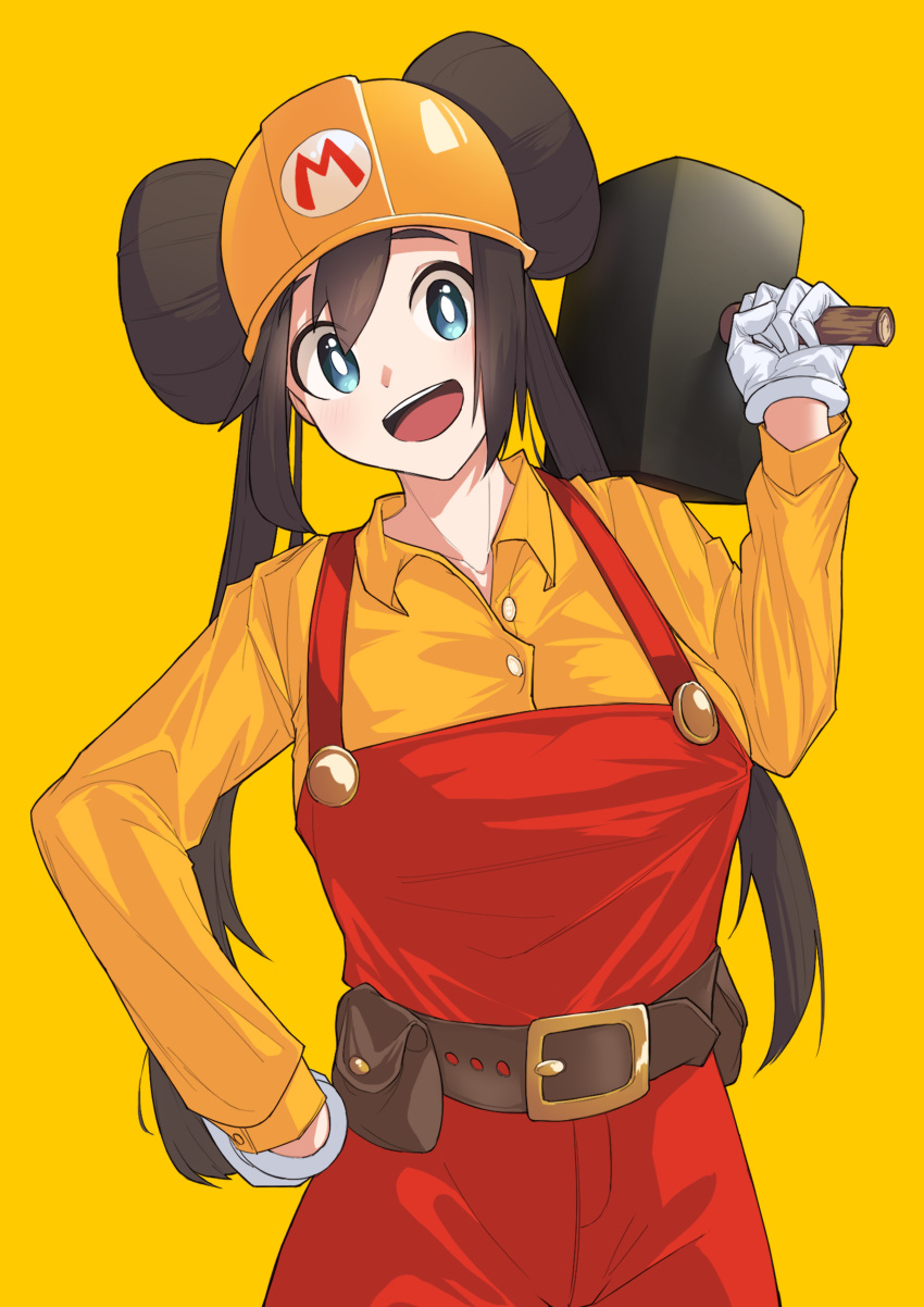 1girl :d absurdres alternate_costume bangs belt blue_eyes breasts bright_pupils brown_bag brown_belt brown_hair buttons collared_shirt commentary csc6762 double_bun gloves hammer hand_on_hip hand_up helmet highres holding holding_hammer long_hair looking_at_viewer open_mouth orange_headwear orange_shirt pokemon pokemon_(game) pokemon_bw2 pouch red_overalls rosa_(pokemon) shirt simple_background smile solo super_mario_maker teeth tongue twintails upper_teeth white_pupils yellow_background