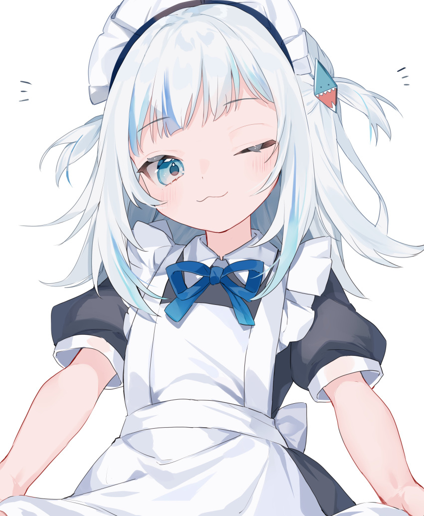 1girl :3 absurdres alternate_costume apron black_dress blue_bow blue_bowtie blue_eyes blue_hair blush bow bowtie dress enmaided eyebrows_visible_through_hair gawr_gura grey_hair hair_ornament highres hololive hololive_english looking_at_viewer maid maid_headdress medium_hair mokyuko multicolored_hair notice_lines one_eye_closed shark_hair_ornament short_twintails simple_background smile solo streaked_hair twintails upper_body white_apron white_background white_headdress