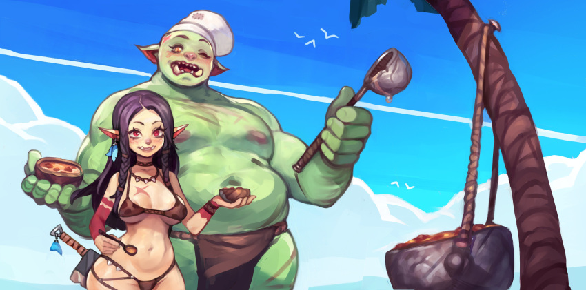 1boy 1girl absurdres bikini blush bowl braid breasts brown_bikini brown_choker chef_hat choker cleaver colored_skin condensation_trail cross_scar cyancapsule earrings feather_earrings feathers female_orc food green_skin hat highres holding holding_bowl holding_ladle holding_spoon jewelry ladle large_breasts loincloth long_hair looking_at_viewer monster_girl navel orc orc_girl_(cyancapsule) original outdoors palm_tree pelvic_curtain pointy_ears pot purple_hair red_eyes scar scar_on_breasts side_braids slit_pupils smile spoon swimsuit tree tusks white_headwear yellow_skin