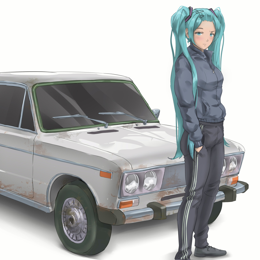 1girl absurdres alternate_costume alternate_hairstyle aqua_hair blue_eyes car closed_mouth ground_vehicle hair_ornament hairclip half-closed_eyes hands_in_pockets hatsune_miku highres iskanderednaksi jacket lada_(car) long_hair looking_at_viewer motor_vehicle pants shoes simple_background solo standing track_jacket track_pants twintails vocaloid white_background